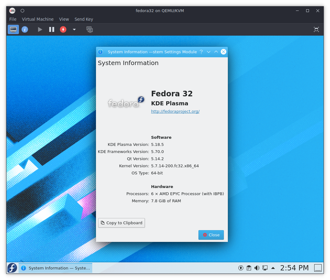 Newly Created Fedora VM