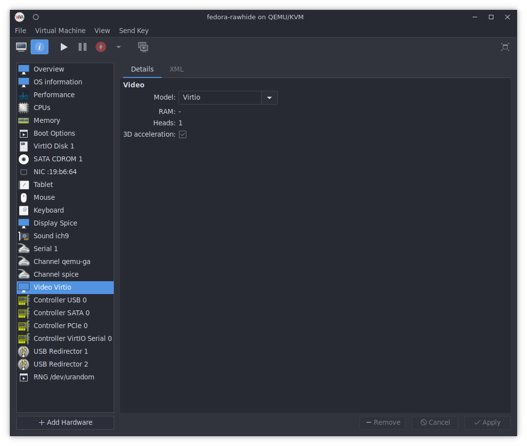 Virt-manager's Video settings for a VM